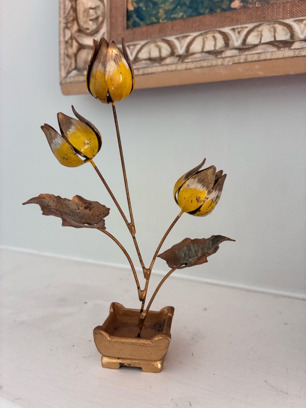 Vintage brass enamel painted Tulip Sculpture in Yellow and Gold